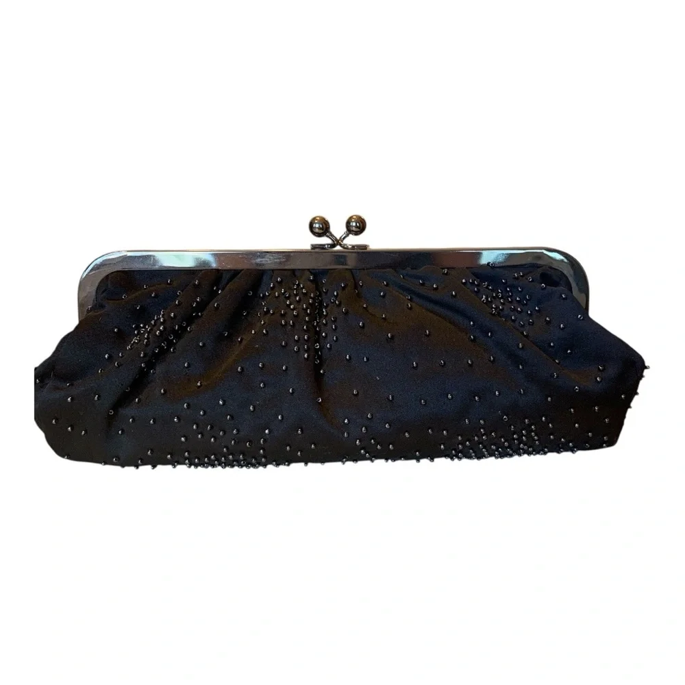 Vintage Express Black‎ Satin Beaded Snap Ball Closure Clutch Purse